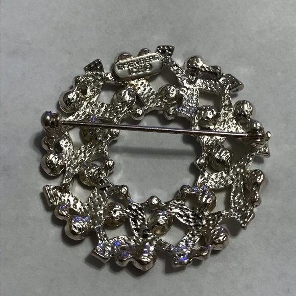 EISENBERG ICE Silver Tone Christmas Holiday Wreath VINTAGE Brooch Red Green - Picture 2 of 3